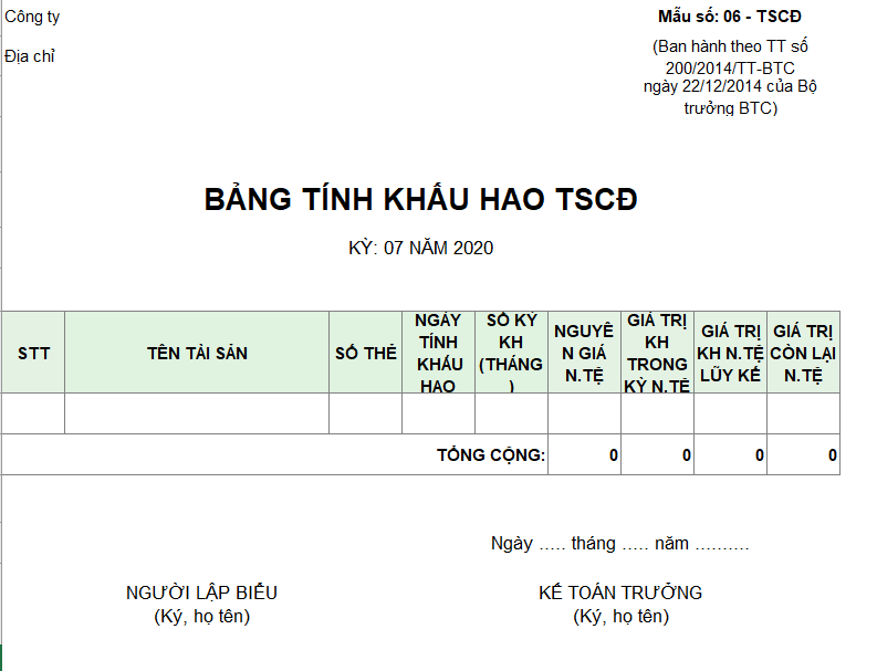Mẫu bảng tính khấu hao TSCĐ theo TT 200 ( NGOẠI TỆ )
