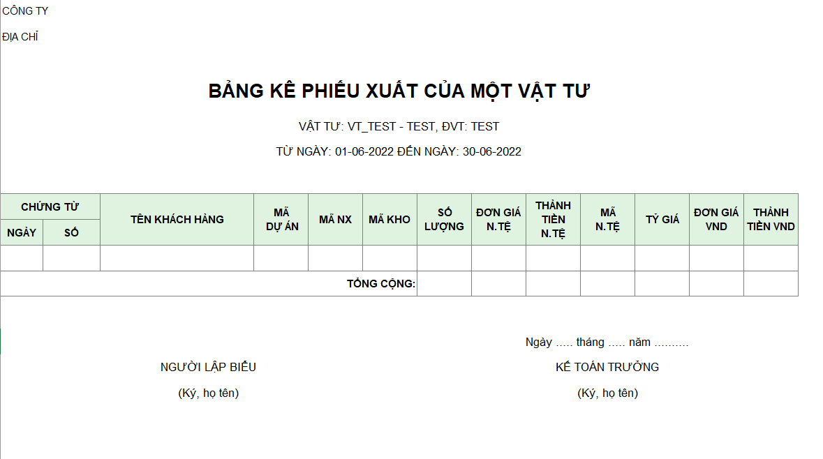 Bảng kê phiếu xuất của một mặt hàng ( NGOẠI TỆ )