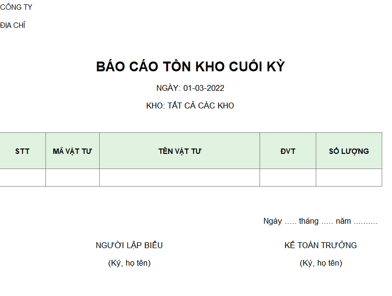 Mẫu báo cáo tồn kho cuối kỳ