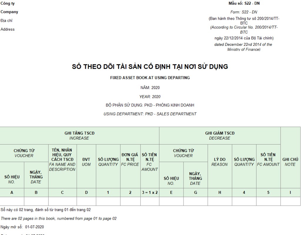 Mẫu sổ theo dõi TSCĐ tại nơi sử dụng theo TT 200 ( SONG NGỮ - NGOẠI TỆ )