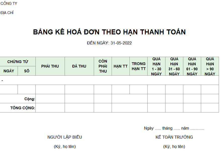 Mẫu bảng kê hóa đơn theo hạn thanh toán