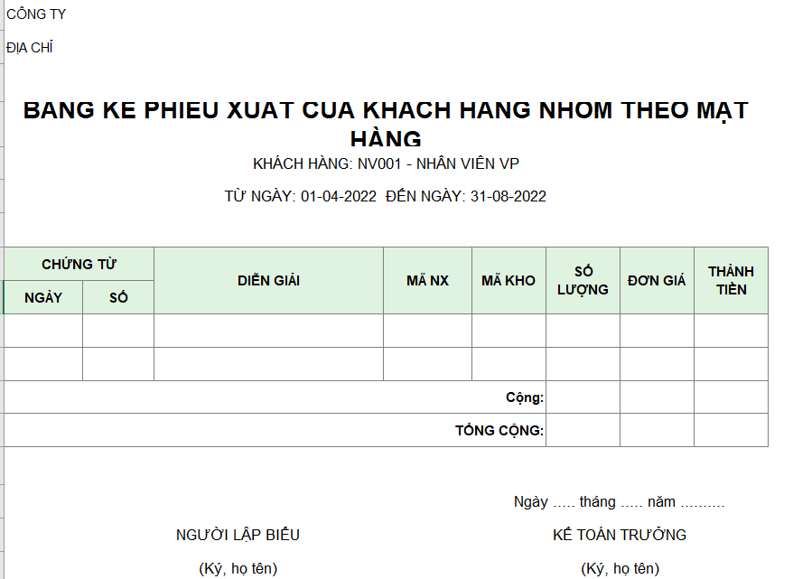 Bảng kê phiếu xuất của khánh hàng nhóm theo mặt hàng
