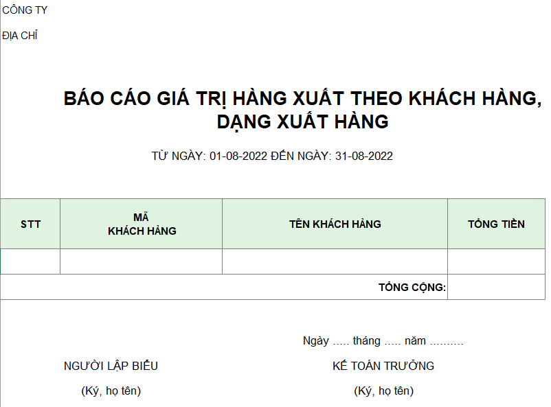 Báo cáo giá trị hàng xuất theo khách hàng