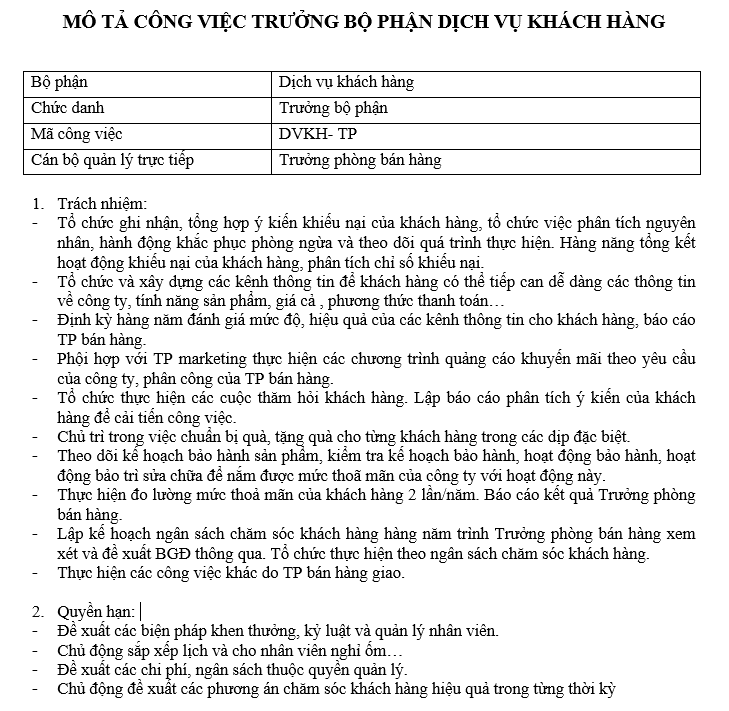 Bảng mô tả công việc của trưởng bộ phận dịch vụ khách hàng